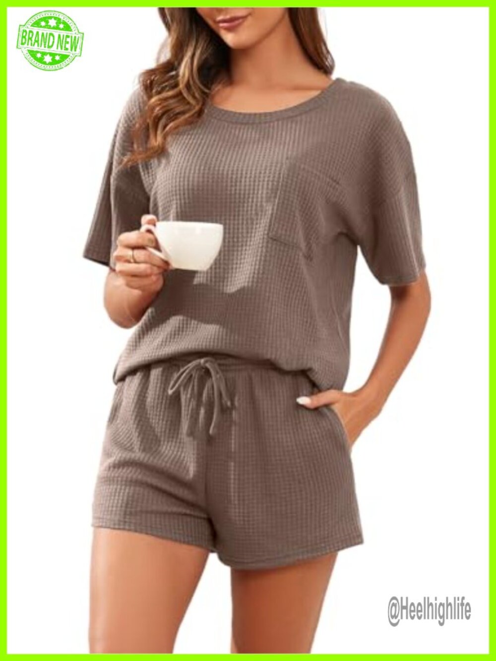 Waffle Knit Pajama Set Women Lounge Shorts Tee 2 Piece